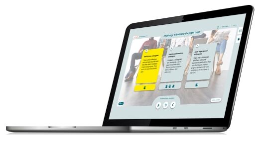Agile mindset training. Angled laptop with CELEMI Agile Move™ business simulation