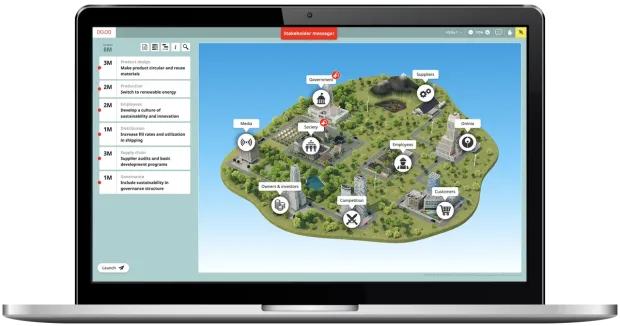 Laptop showing CELEMI Sustainability™ business simulation