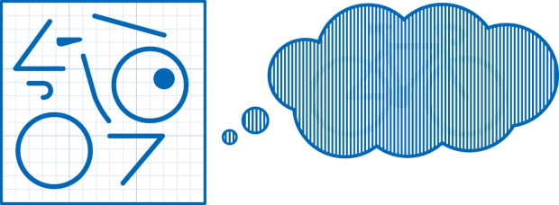 Schematic-like drawing in a grid leading to a large, striped thought bubble.